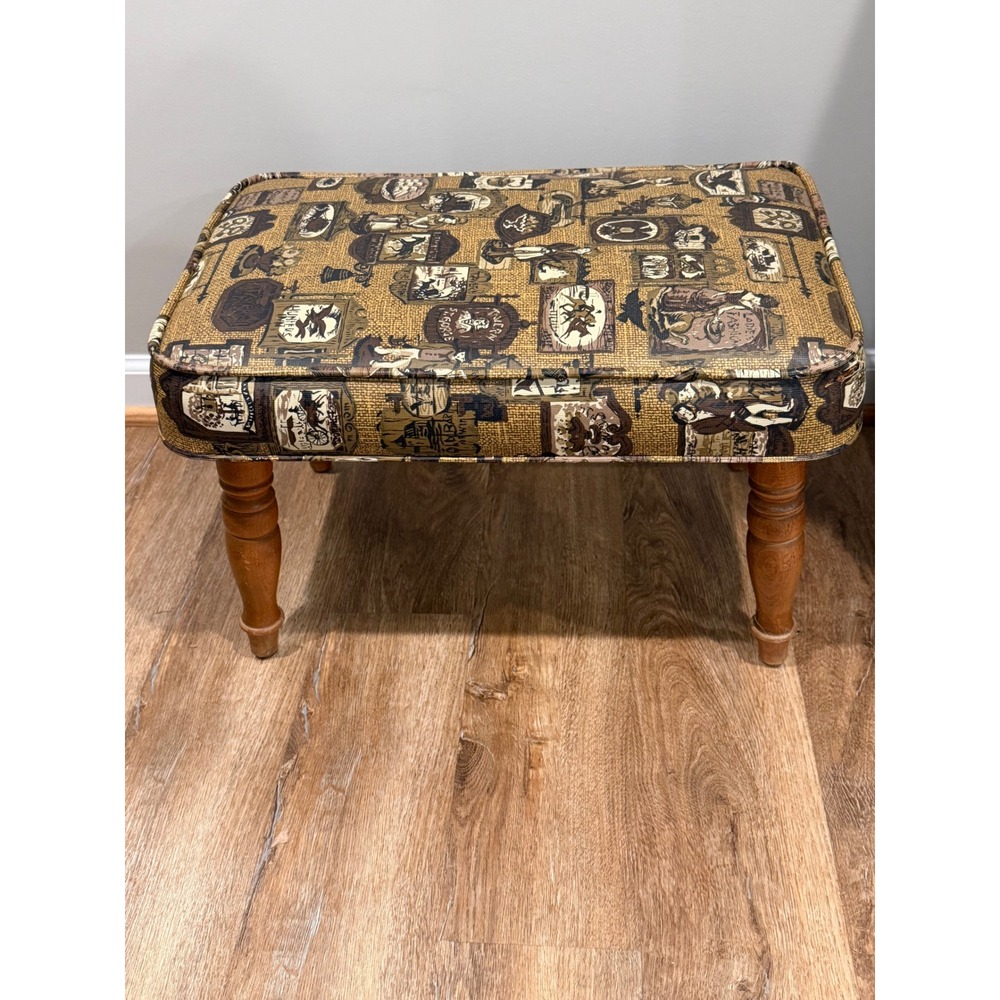 Vintage Babcock Phillips Colonial Tavern Print Vinyl Footstool Wood Legs Brown